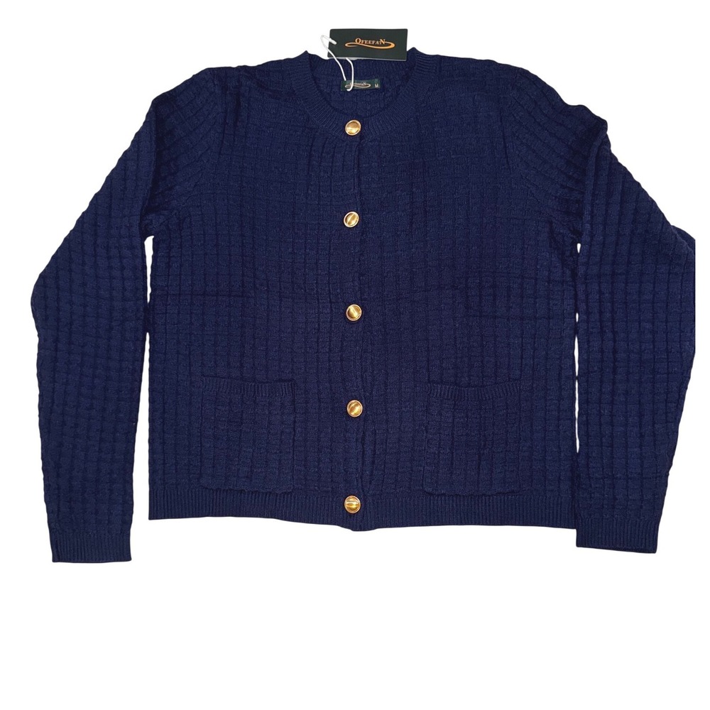 Ofeefan Navy Blue Textured Knit Button Front Cardigan Womens Size Medium NEW